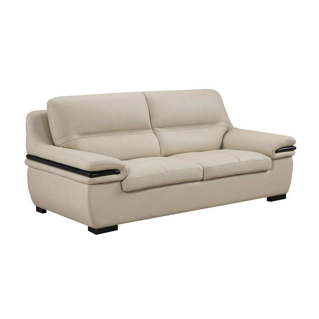 Contemporary Leather Sofa with Wooden Trim Armrest and Block Feet, Gray