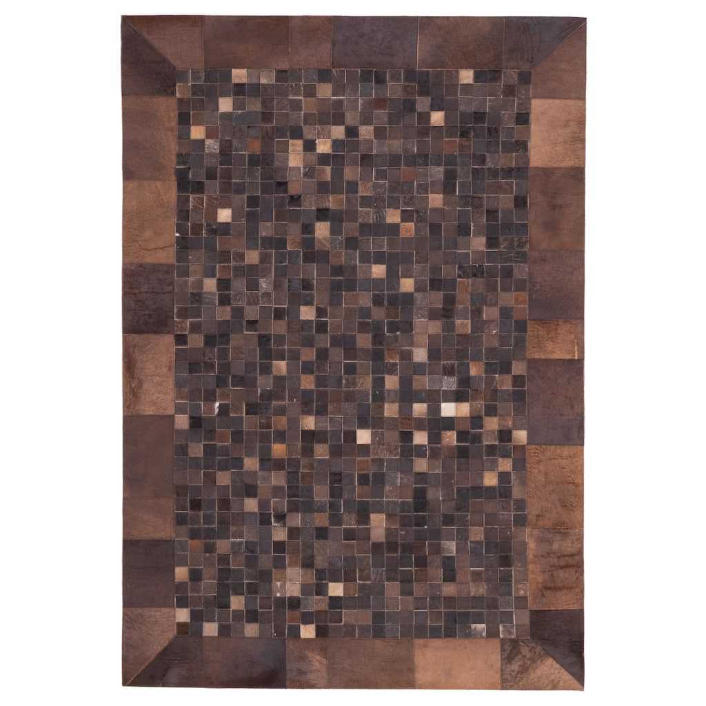 ECARPETGALLERY Handmade Cowhide Patchwork Dark Brown Leather Rug - 4'1 x 6'0