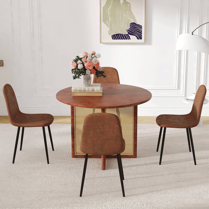 5-Piece Wooden Dining Table Set, Farmhouse Round Dining Table Set with 4 Fabric Dining Chairs for Kitchens, Small Spaces