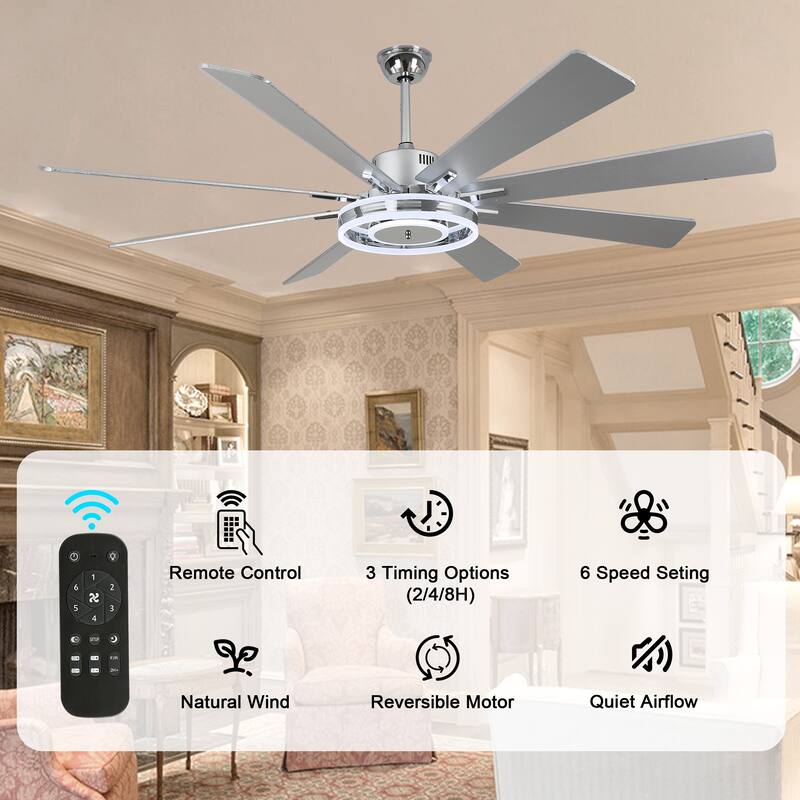 Bella Depot 72" Modern Large Ceiling Fan 6-speed Reversible with Dimmable Light and Remote for Family Room