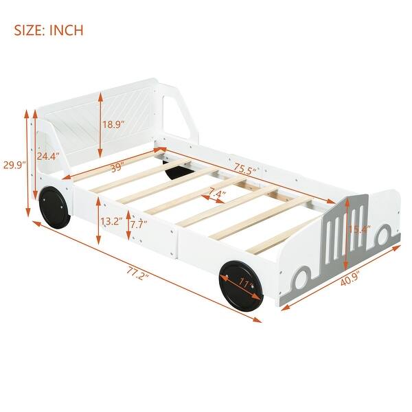 dimension image slide 5 of 6, Roomfitters Twin Size Car-Shaped Platform Bed with Wheels, Fun and Stylish Design for a Playful and Modern Bedroom