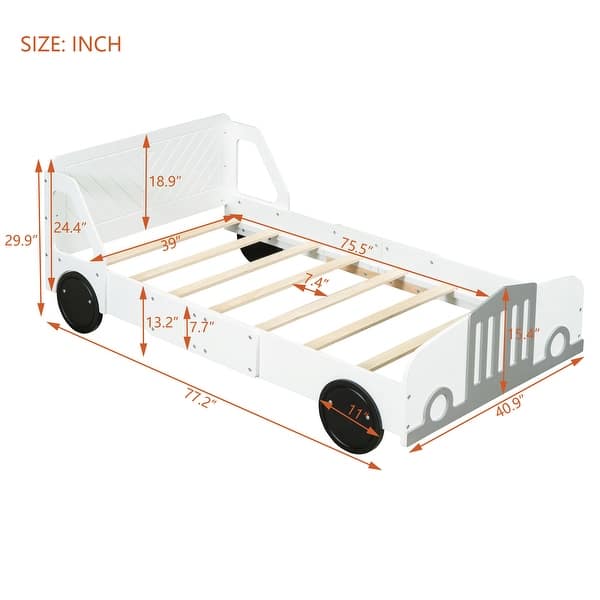 dimension image slide 1 of 3, Twin Size Car-Shaped Platform Bed Frame w/ Wheels Creative Trundle Bed for Kids, Teens No Box Spring Needed, Easy Assembly