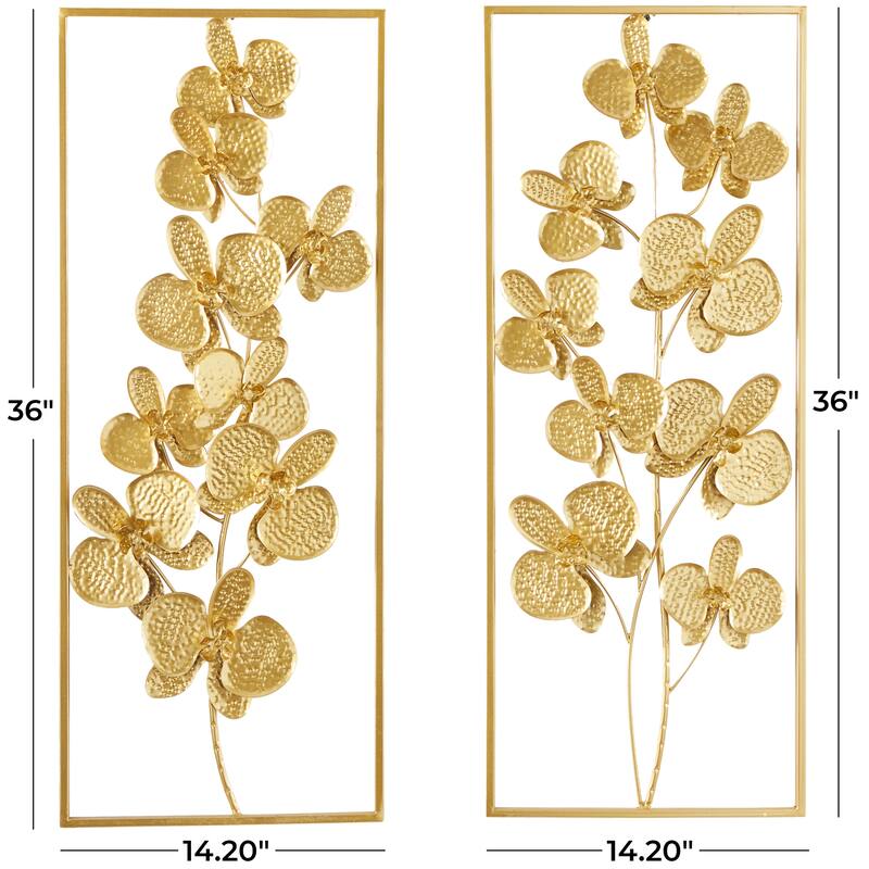 CosmoLiving by Cosmopolitan Gold Metal Orchid Floral Home Wall Decor with Gold Frame (Set of 2)