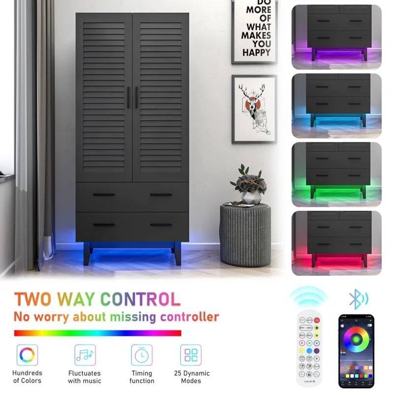 Contemporary Pine Wood Wardrobe with Adjustable Shelves LED Lighting Drawers and Louver Doors - 71'' H X 31.51'' W X 19.72'' D