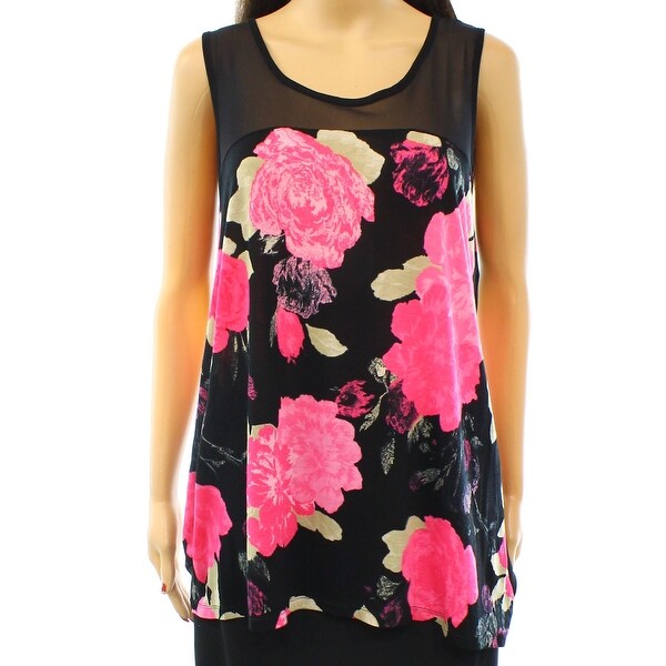Shop INC NEW Black Pink Women's Size XL Floral Mesh Yoke Illusion Tank