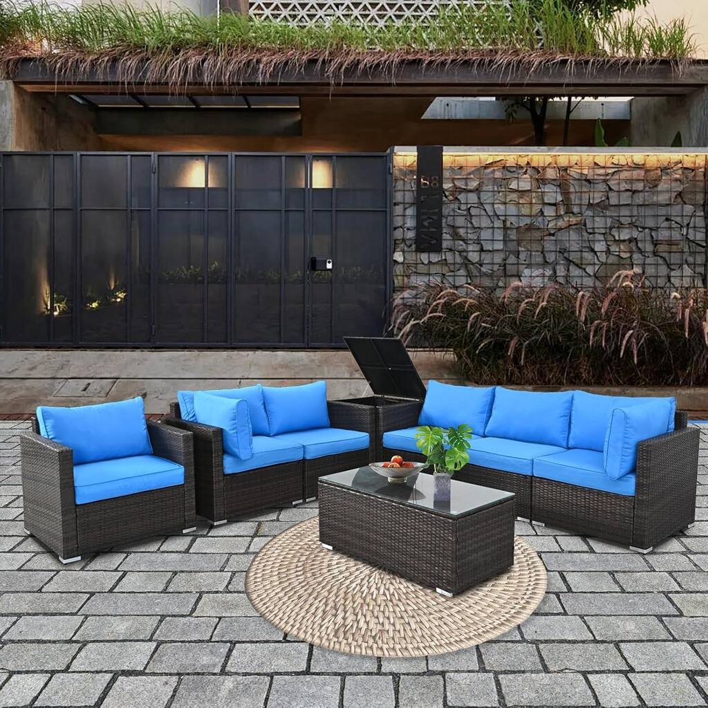 8-Pieces Brown Wicker Outdoor Sectional Set with Glass Coffee Table