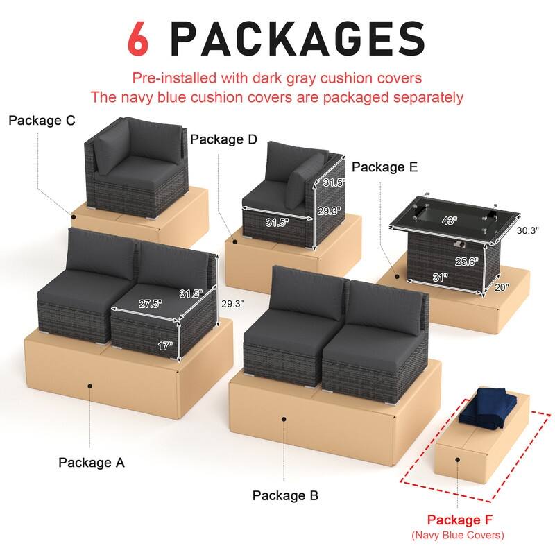 7 Piece Outdoor Sectional Modular Wicker Patio Conversation Set with 43'' Fire Pit Table and Cushion