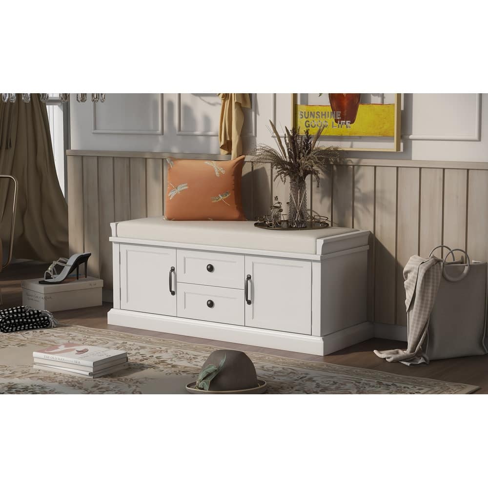 Storage Bench with 2 Drawers and 2 Cabinets, Shoe Bench with Removable Cushion for Living Room
