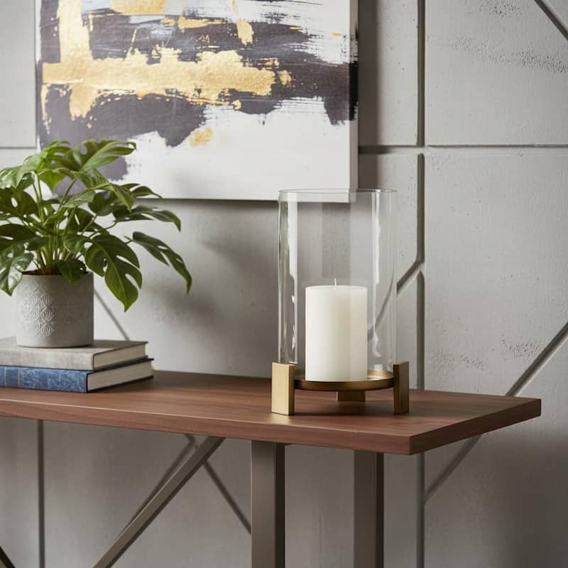14" Antiqued Gold Geometric Glass And Metal Tabletop Hurricane Candle Holder - Antiqued Gold