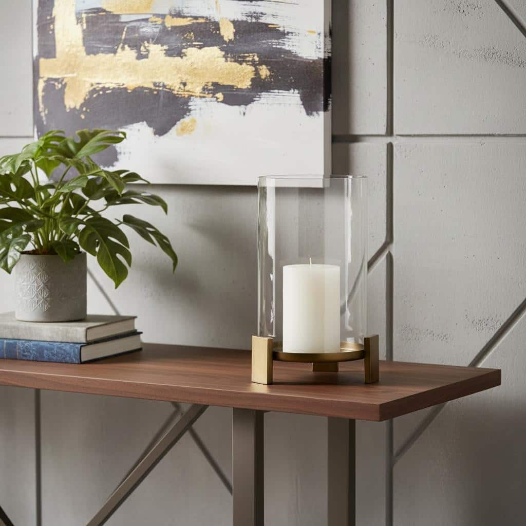 14" Antiqued Gold Geometric Glass And Metal Tabletop Hurricane Candle Holder