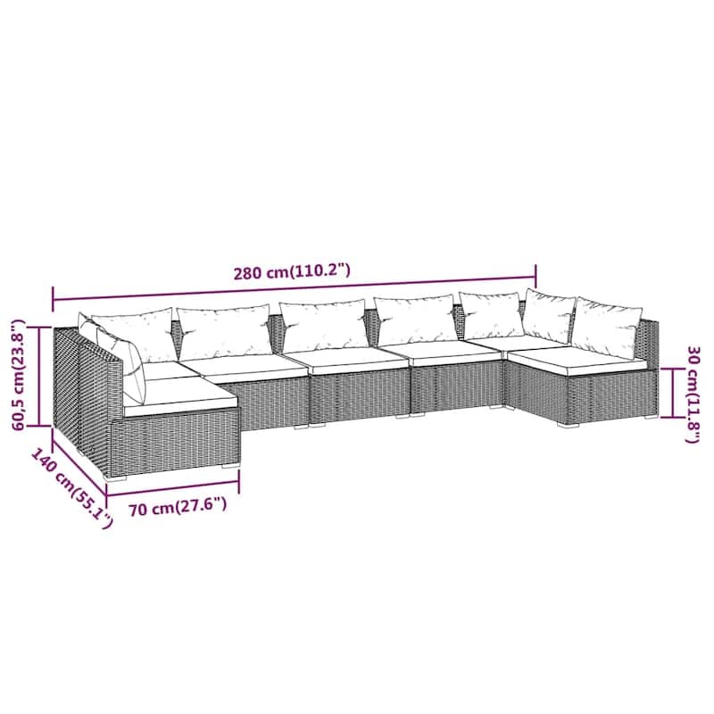 vidaXL 7 Piece Patio Lounge Set with Cushions Poly Rattan Brown - 27.6" x 27.6" x 24" - 27.6" x 27.6" x 24"