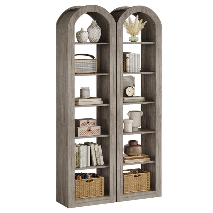 6-Tier Wooden Tall Bookshelf, 74.8 Inches Rustic Arched Bookcase
