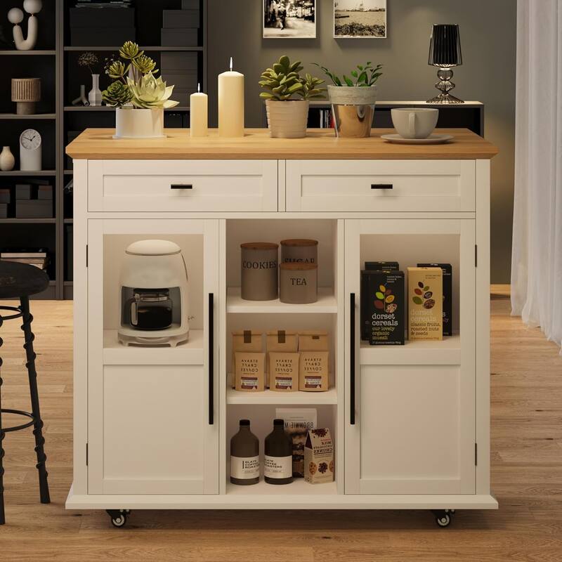 Kitchen Island, Rolling Kitchen Island Cart On Wheels With Widen Drop Leaf Top, 2 Glass Doors, Spice Rack & Towel Holder - White