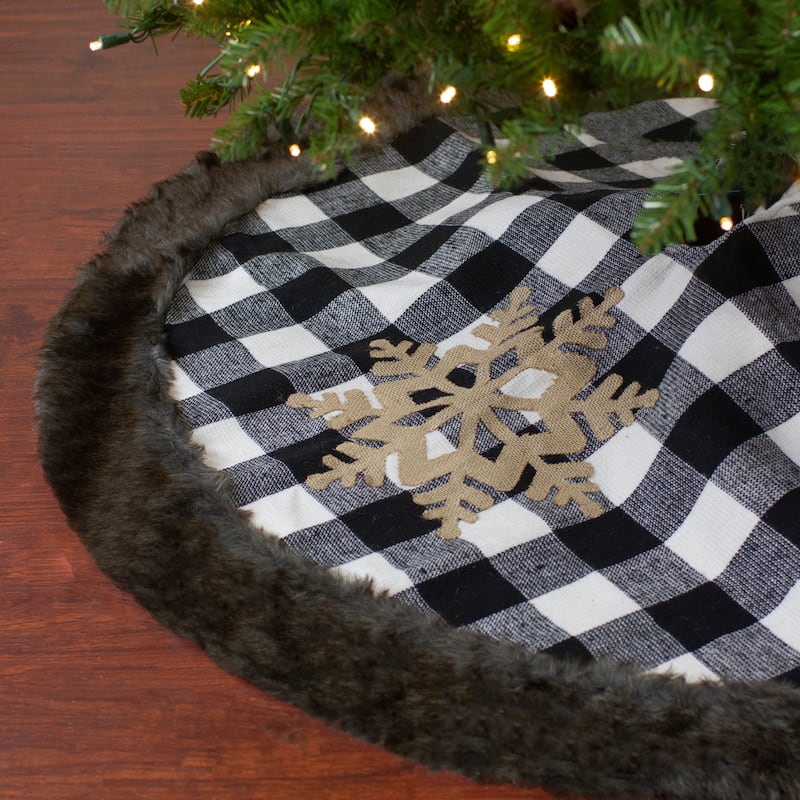 48" Black and White Buffalo Plaid Christmas Tree Skirt with Burlap Snowflake - 48