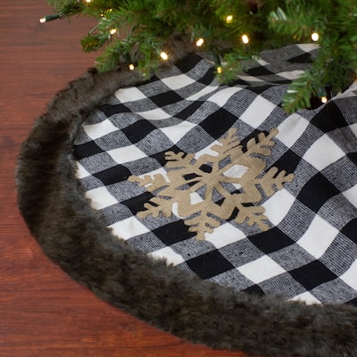 48" Black and White Buffalo Plaid Christmas Tree Skirt with Burlap Snowflake - 48