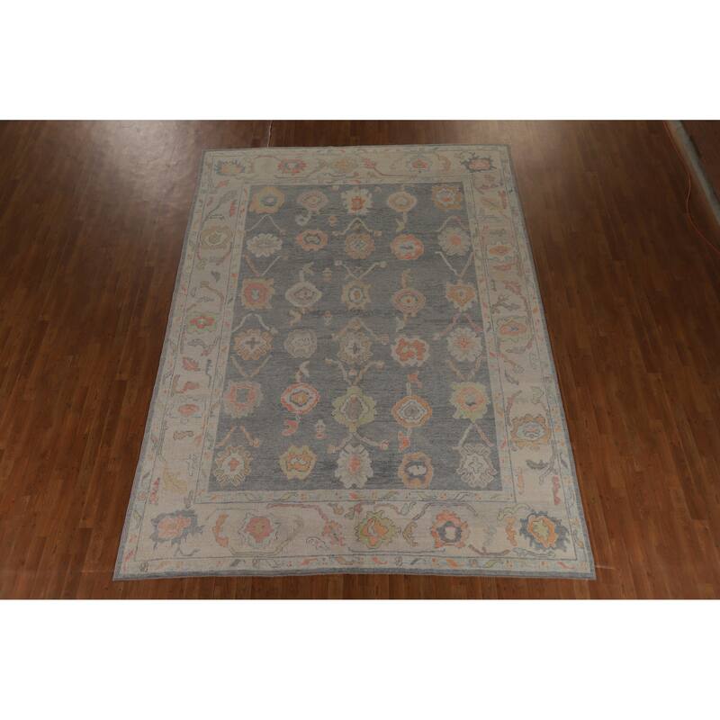 Hand Knotted Oriental 100% Wool Carpet Transitional All-Over Greys & Charcoal Oushak Area Rug - 12' 0'' X 8' 1''