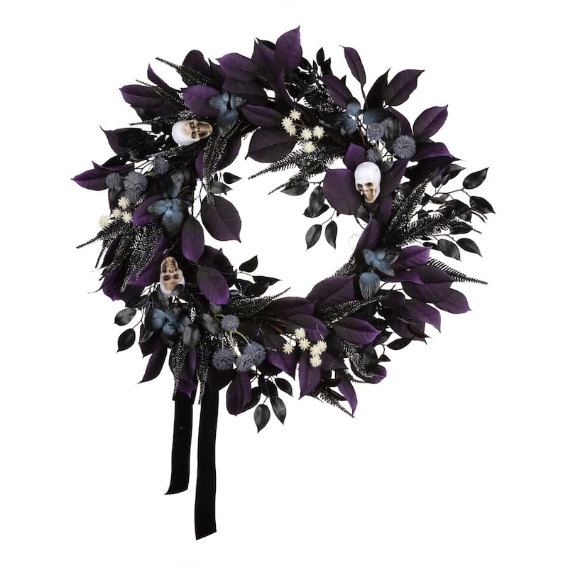 National Tree Company 26" Artificial Floral Mini Skull Wreath, 30 Purple LED Lights, Battery Operated - 26 in