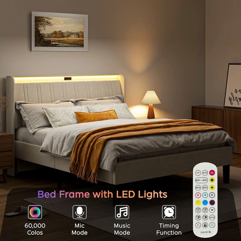 Queen Size Upholstered Platform Bed with Charging Ports, Padded Headboard and Wood Slat Support, Noise-Free Metal Frame