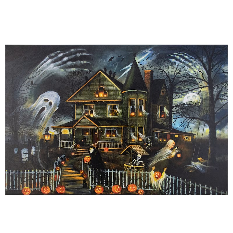 LED Lighted Haunted House Halloween Canvas Wall Art - 23.5" x 16" - Amber Lights