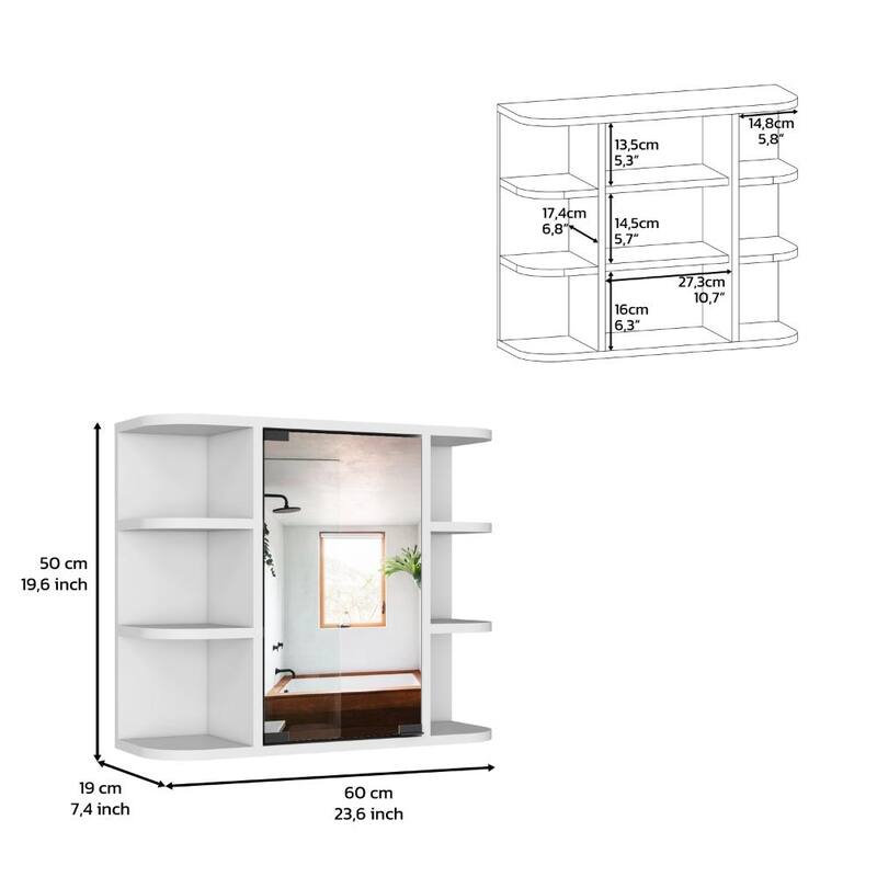 Light Gray Medicine Cabinet - 19.6" H, Mirror Door, 6 Open Shelves, 3 Interior Shelves, Wall-Mounted Storage