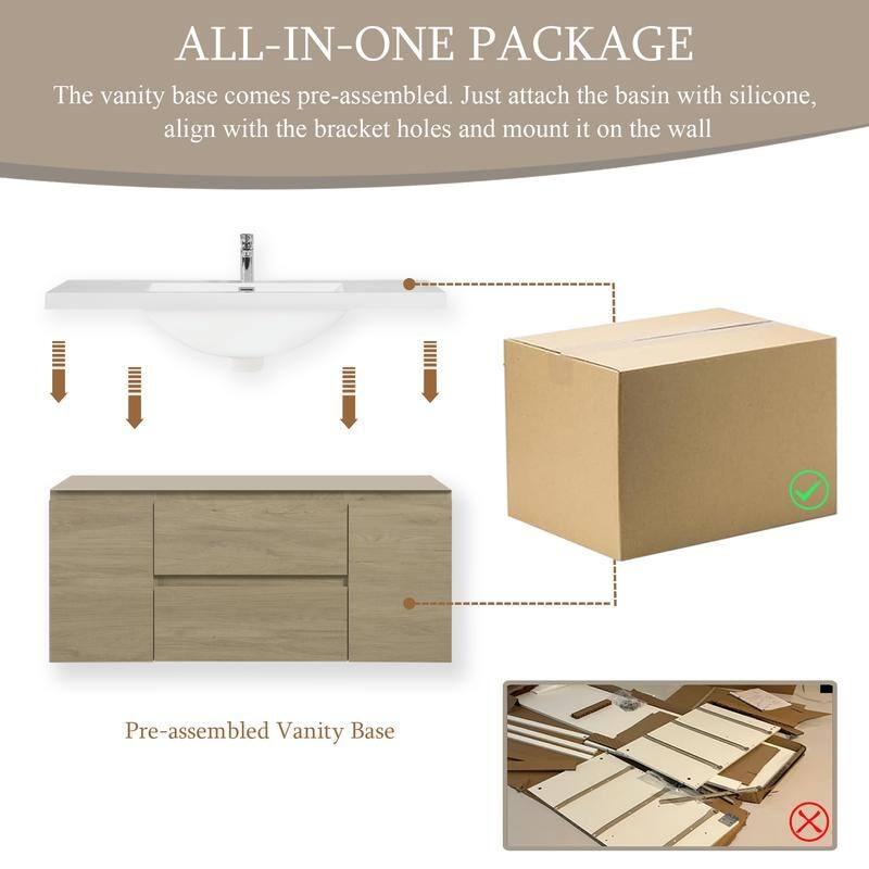ABRUZZO 48" Floating Bathroom Vanity with Integrated Resin Top Basin 2 Cabinets 2 Soft Close Drawers Full Assembly