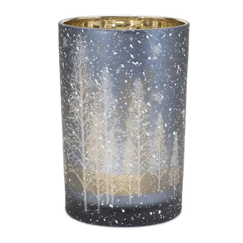 Glass Painted Votive Candle Holders Set with Pine Tree Design