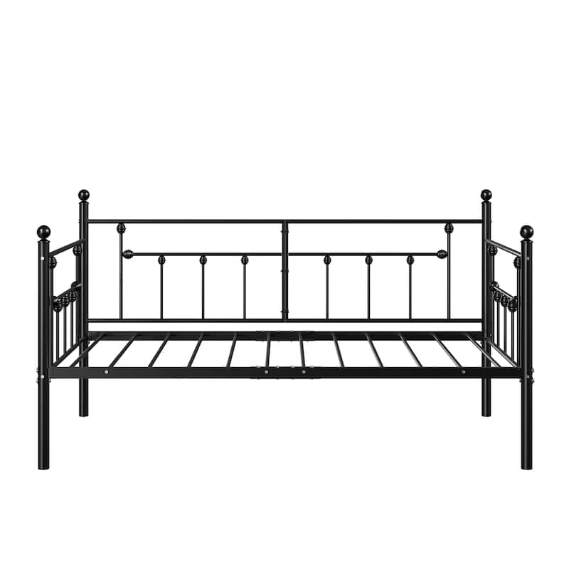 VECELO Roman Column Daybed 79" Iron Frame Space Saving Daybed Set with Rolling Trundle for Guest Teen Room Black or White