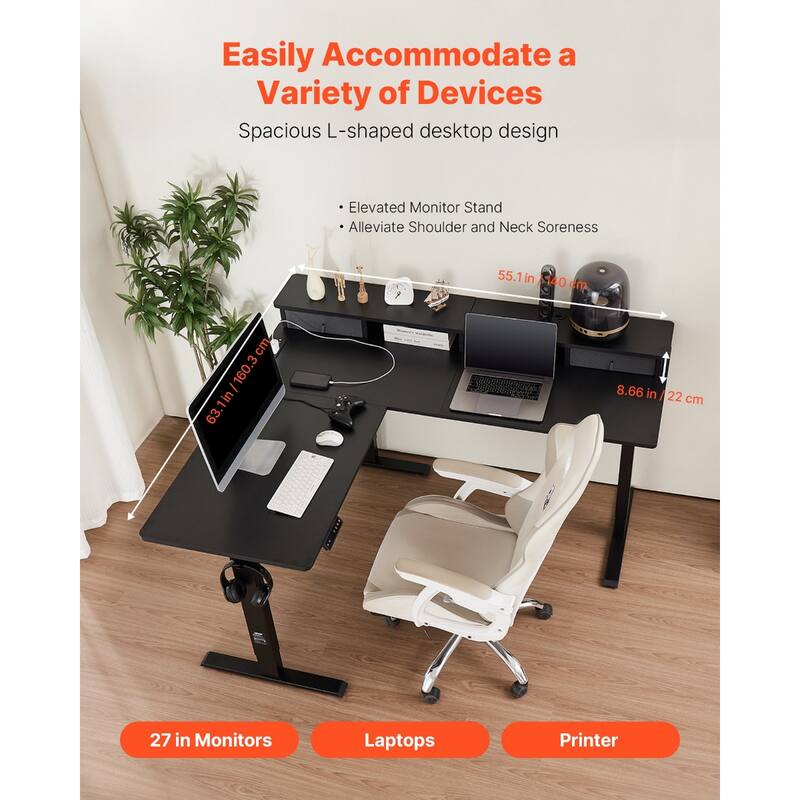 Black Particle Board Carbon Steel Electric L-Shaped Standing Desk with LED and Storage