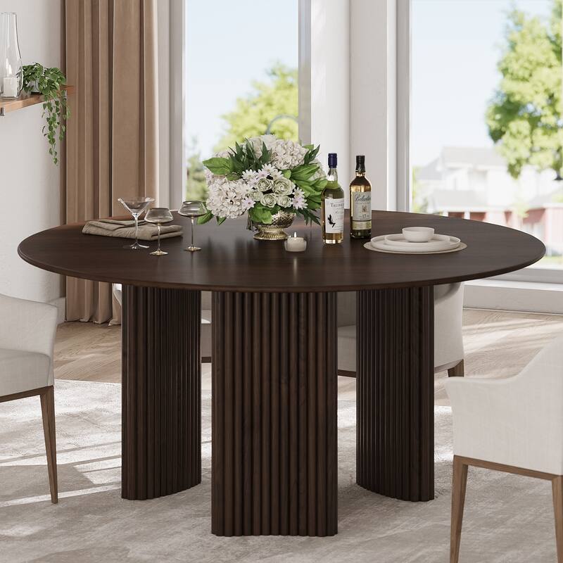 Modern Round Dining Table with Striped Column Legs Solid Wood Kitchen Table Anti-Scratch Footpads