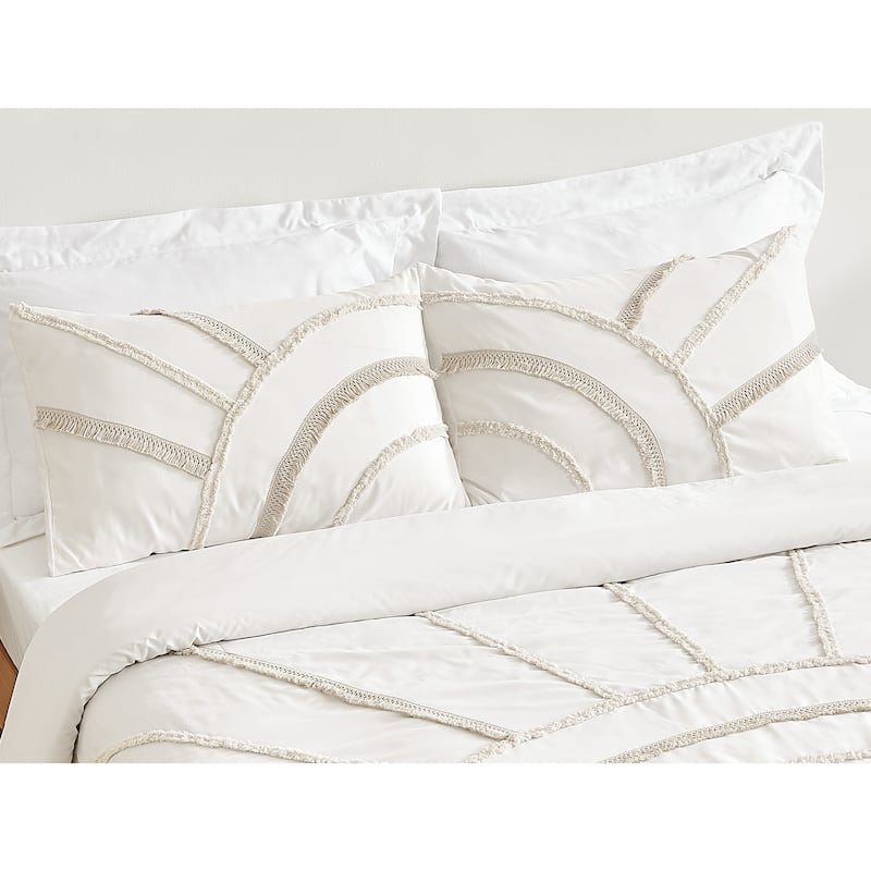 Sweet Jojo Designs Ivory Boho Chic Sun Boy Girl Unisex Queen Duvet Cover Bedding Set Cotton Bohemian Farmhouse Shabby Fringe