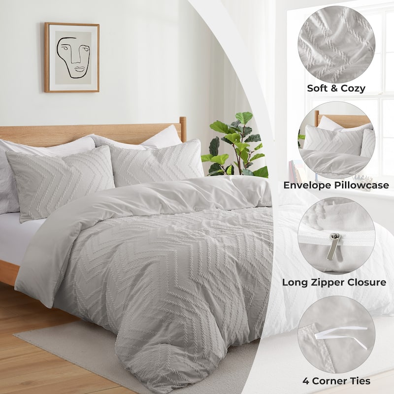 Clipped Jacquard Geometric Duvet Cover & Pillowcase Set - Light Gray/Wave - Queen/Full