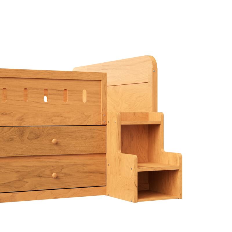 Wooden Full Size Bed Frame with Fun Headboard Built-in LED Light and Pull-out Storage Drawers, Staircase