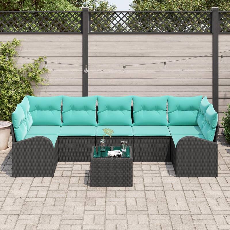 vidaXL 8 Garden Sofa Set with Cushions Black/Brown/Grey Poly Rattan - 113.8 x 48.8 x 27.2