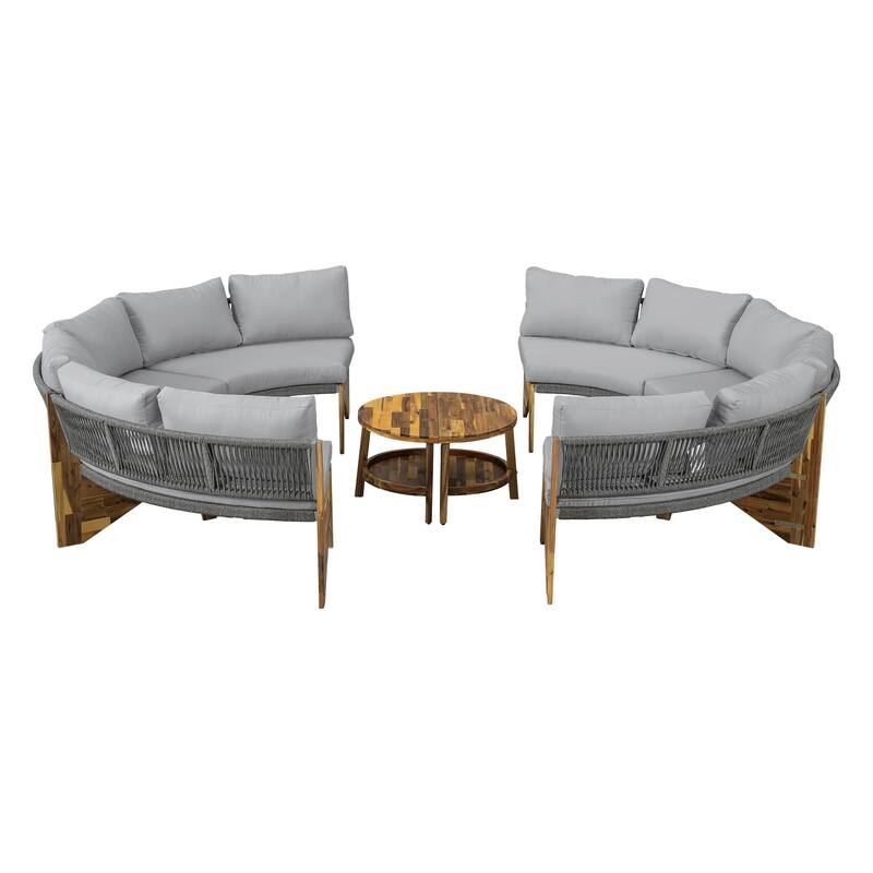 Outdoor 12-Seater Acacia Round Sectional Sofa Set with Coffee Table