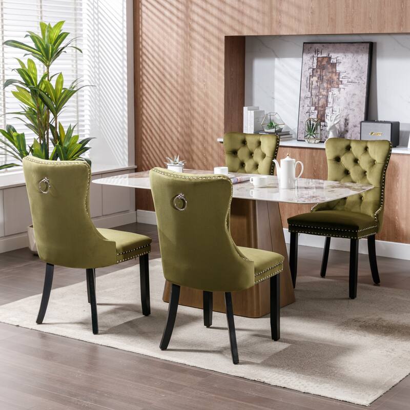 Velvet Dining Chairs Set of 2, Upholstered Dining Chairs with Button Tufted Back, Nailhead Trim & Ring Pull Wingback