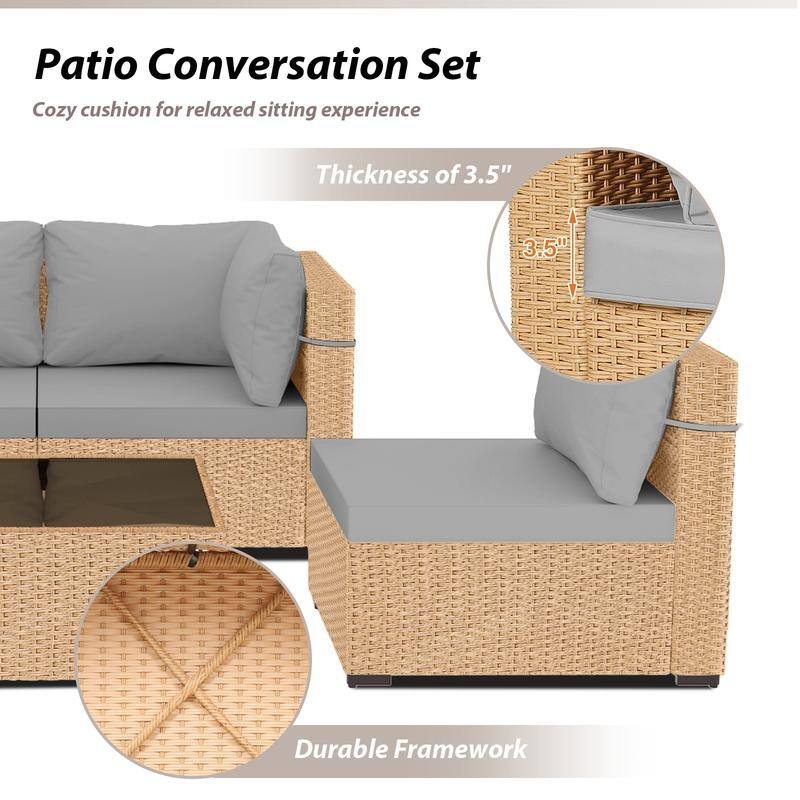 Patio Watcher 5-Pieces Yellow Rattan Conversation Set with Cusions for Outdoors
