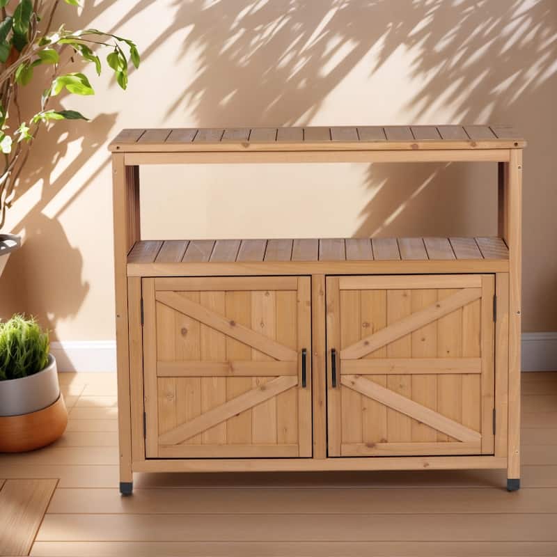 Outdoor Patio Storage Cabinet with Slatted Cedar, Wooden Patio Bar Table, Buffet Cabinet Sideboard Console Table