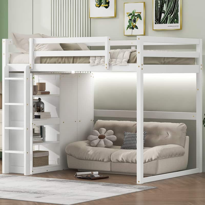 Full Size Loft Bed with Wardrobe, Storage Shelves, and LED Light in White - White