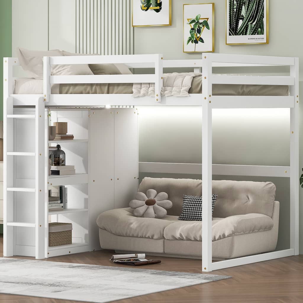 Full Size Loft Bed with Wardrobe, Storage Shelves, and LED Light in White