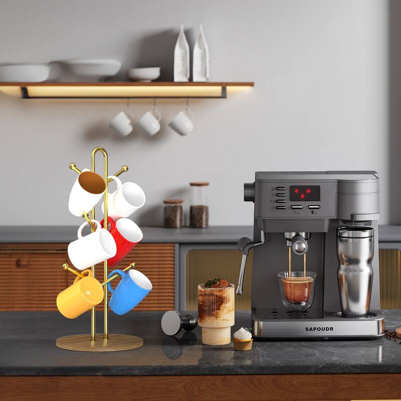 Mug Holder with Wood Base and 6 Hooks, Kitchen Coffee Mug Tree Countertop Tea Cups Holder Stand, Coffee Cup Dryer