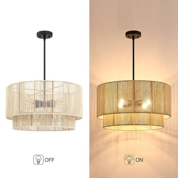 dimension image slide 1 of 2, 4-Light Rattan Tiered Drum Chandelier Light with Black Canopy - 22'' W