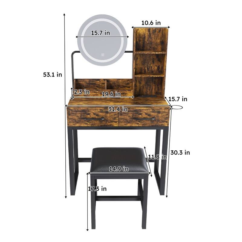 Vanity with LED lights and 3 colors and power outlet with mirror and stool