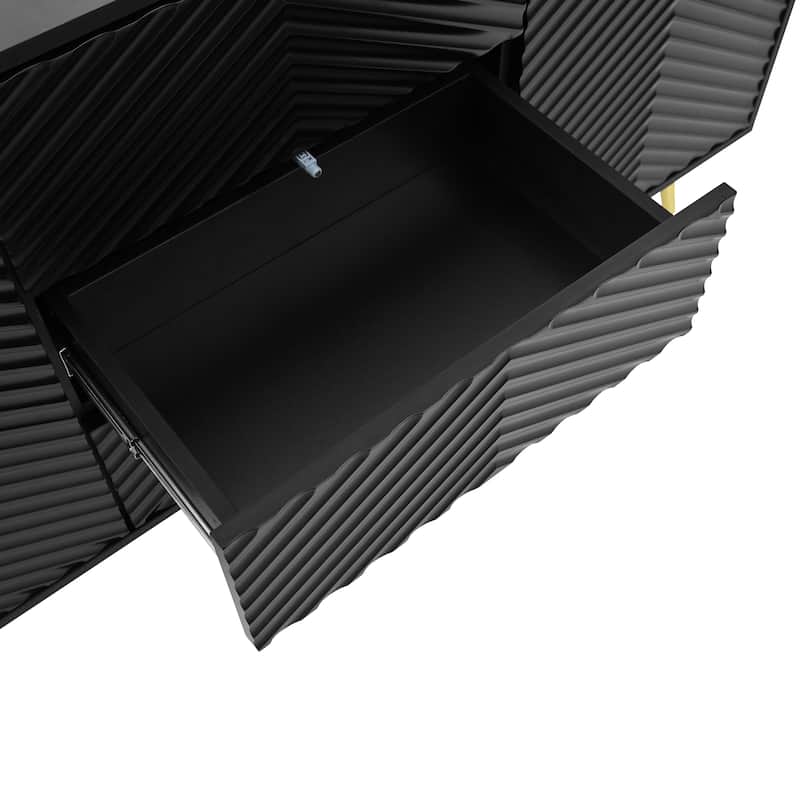 Modern Sideboard with Geometric Line Design, Conical Metal Legs, and Central Drawers for Stylish Storage
