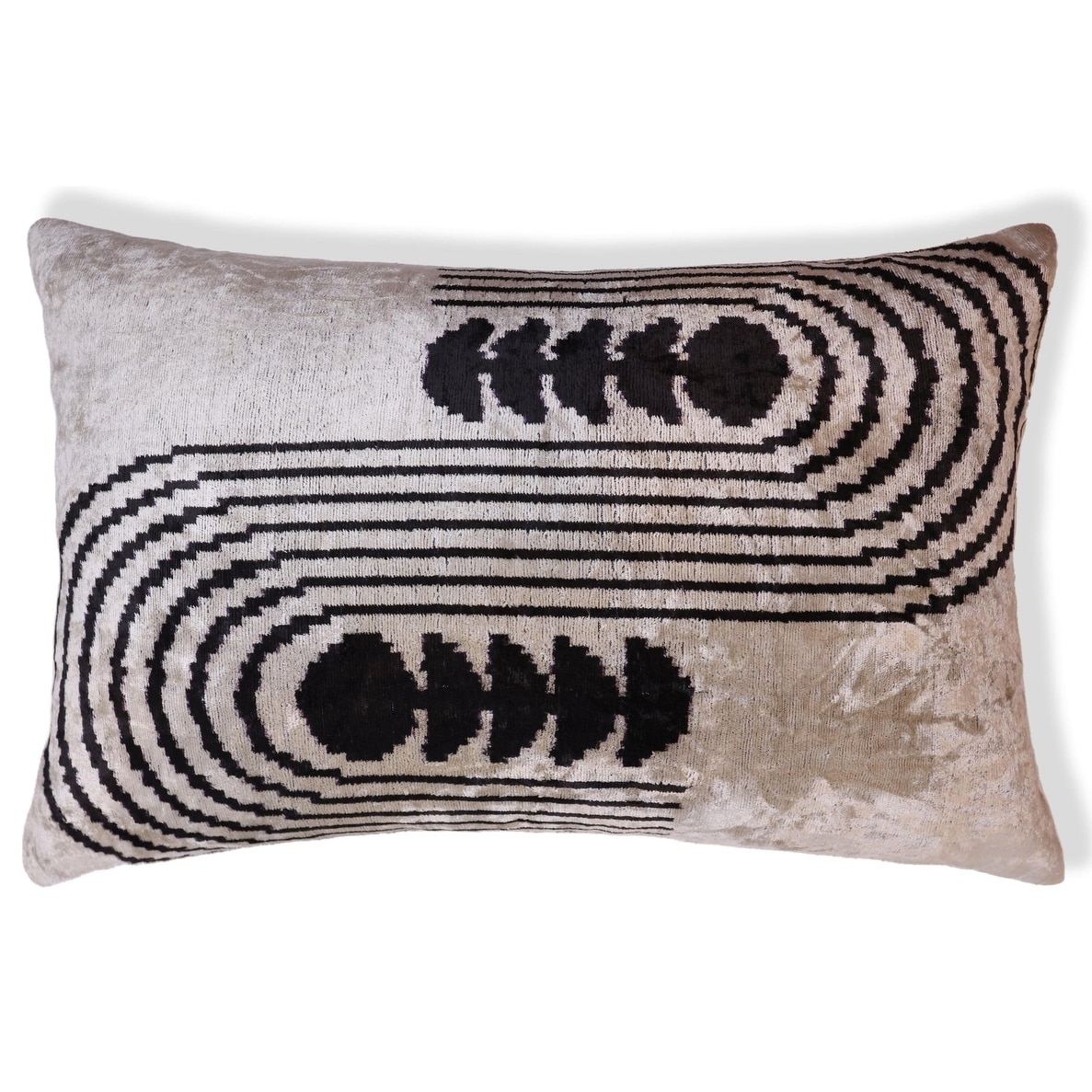 Black Silver Geometric Silk Velvet Lumbar Pillow - 16x24 Handmade Modern Cushion - 16"x24"