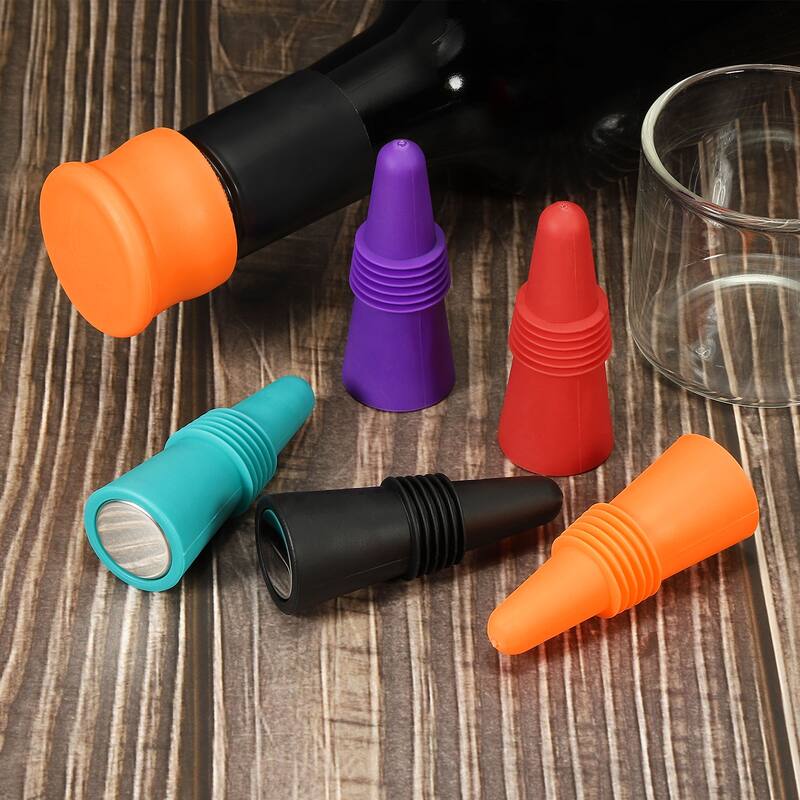 5Pcs Wine Stoppers Silicone Beverage Bottle Sealer Caps Reusable Cover - Orange, Purple, Blue, Black, Red