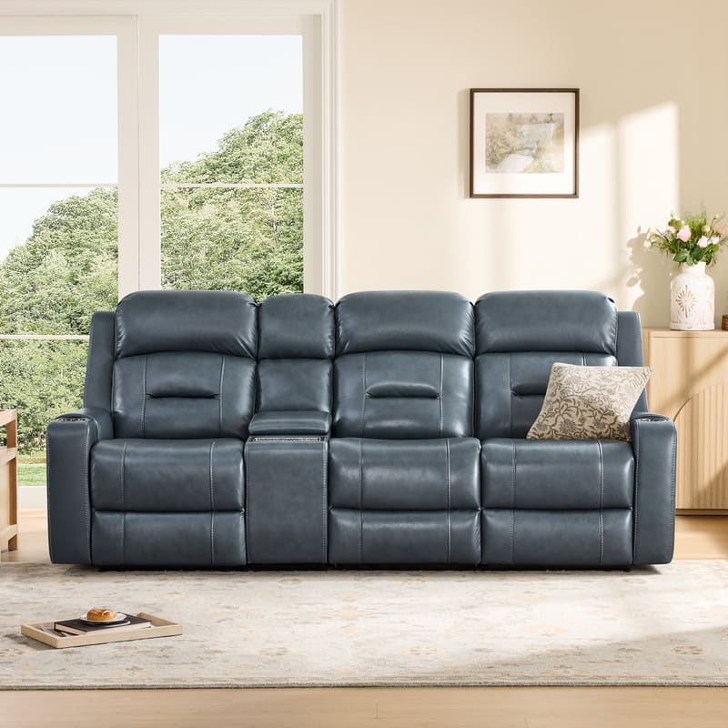 Spruce & Spring Genuine Leather Power Reclining Sofa with Wireless Charging - 3PC+Console - Navy