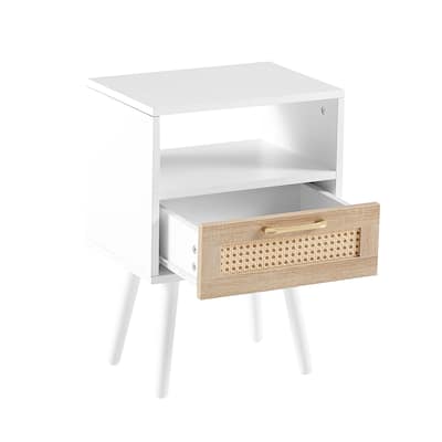 Rattan Nightstand With Drawer And Solid Wood Legs