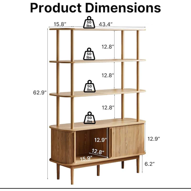 Bookshelf with Sliding Tambour Doors, Mid Century Modern Bookshelf with Storage, Wooden Open Display Shelf