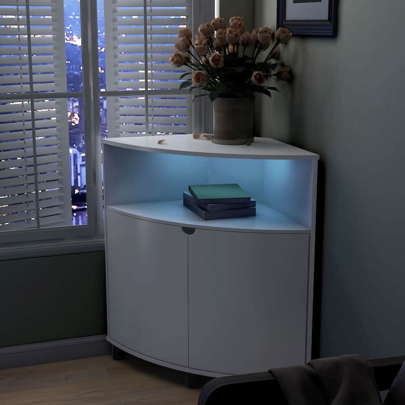 DH BASIC Modern 31-inch LED Corner Accent Cabinet with Open Shelf by Denhour