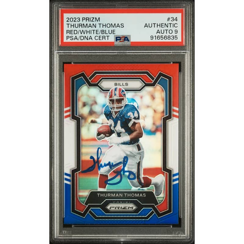 Thurman Thomas 2023 Panini Prizm Red White Blue Signed Card #34 Auto PSA 9 - 8'6" x 11'6"